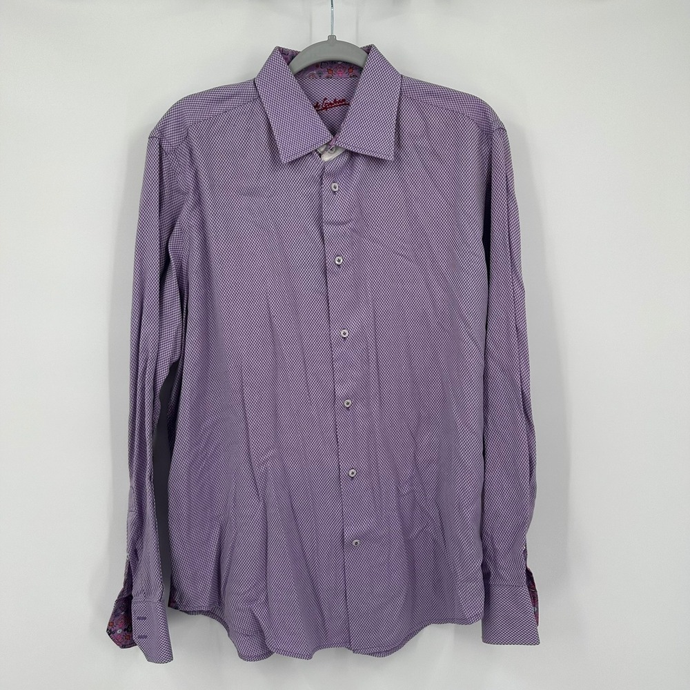Robert Graham Mens Purple Geometric Diamond Button Down Shirt Large 16.5 42